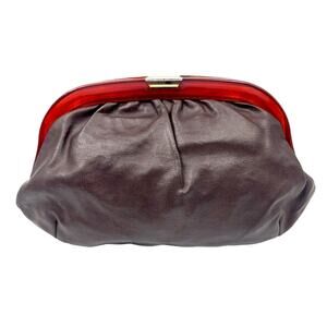 Vintage Lucite Handle Faux Brown Leather Clutch Handbag Purse Inside Mirror